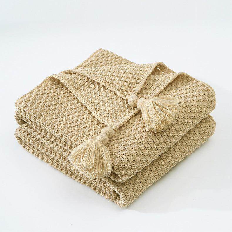 Beige Nordic Solid Colour Tassel Knitted Blanket Throw - Adore India