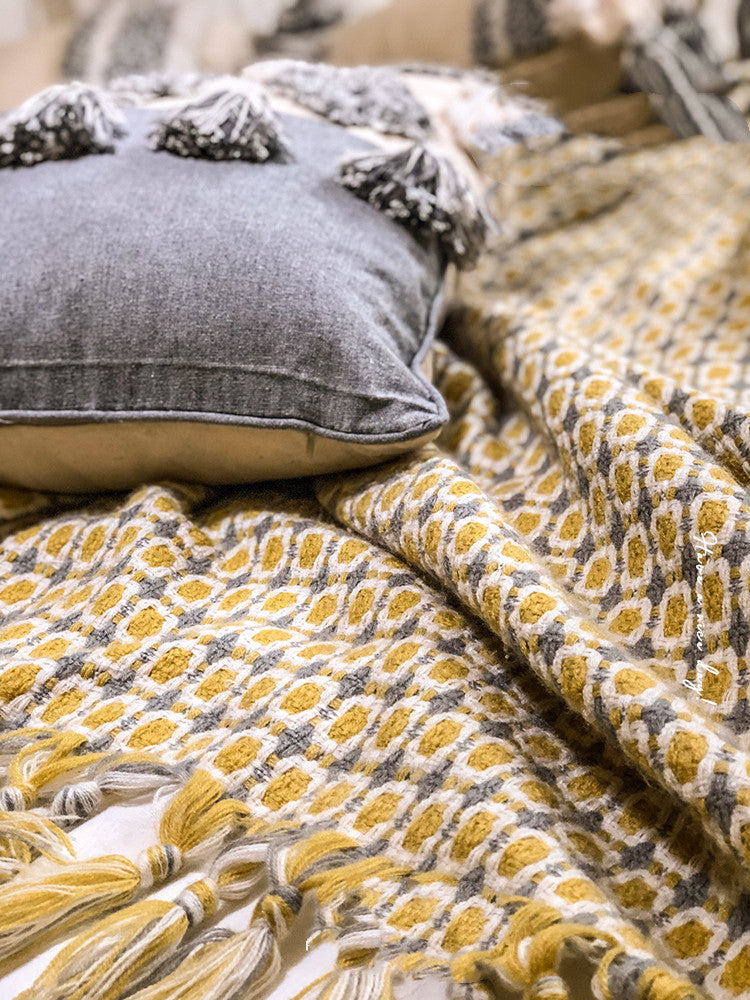 Bohemian Yellow Mustard Tassels Bedding Sofa Couch Throw - Adore India