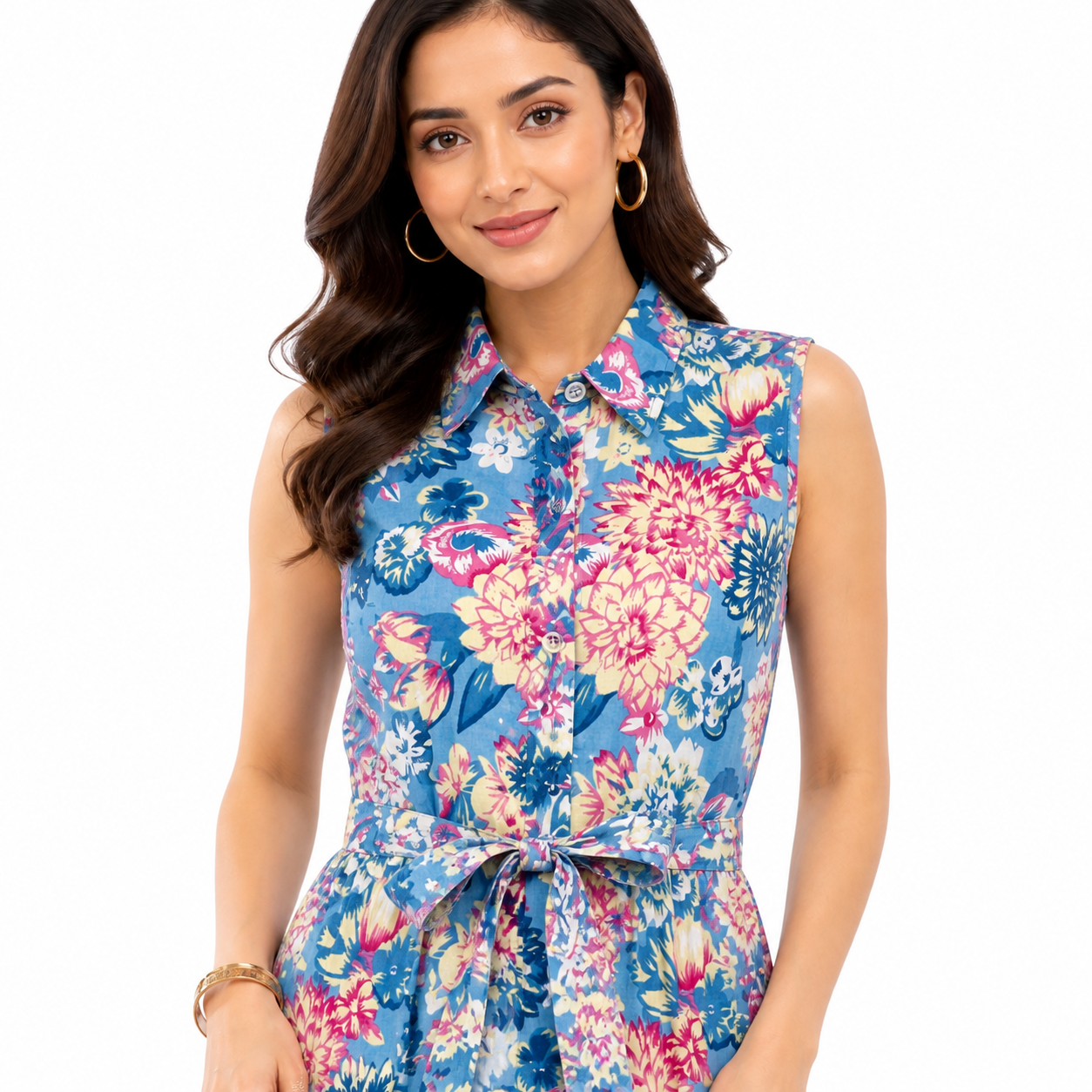 Gardenia Blue Cotton Floral Long Summer Tiered Shirt Maxi Dress