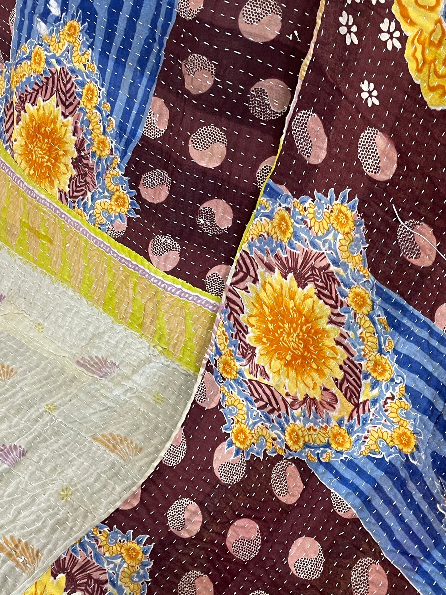 Indian Handmade Cotton Reversible Vintage Kantha Quilt Bedspread Throw- Bhavana - Adore India
