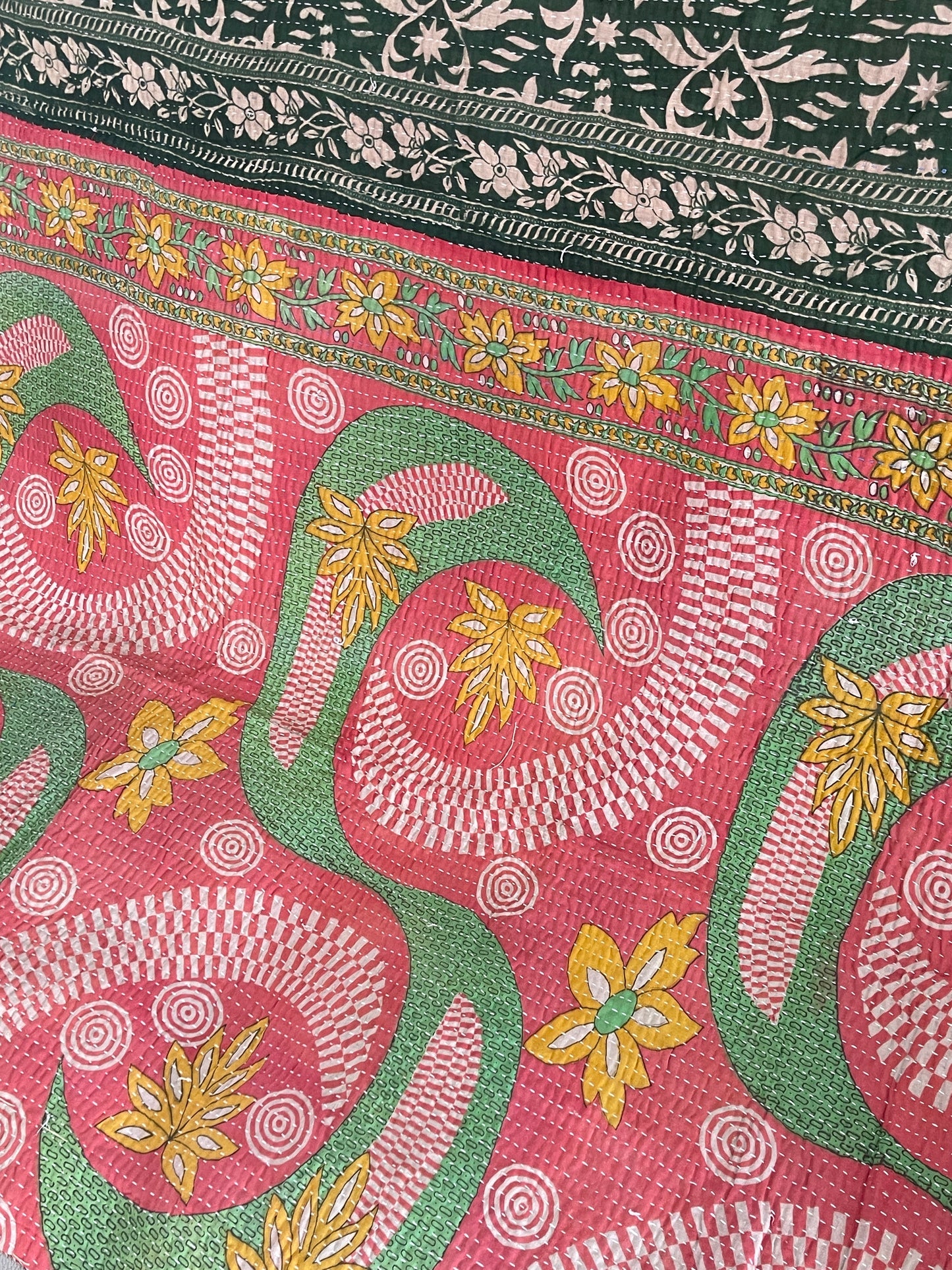 Indian Handmade Vintage Cotton Reversible Kantha Quilt Throw Bedspread- Priya - Adore India