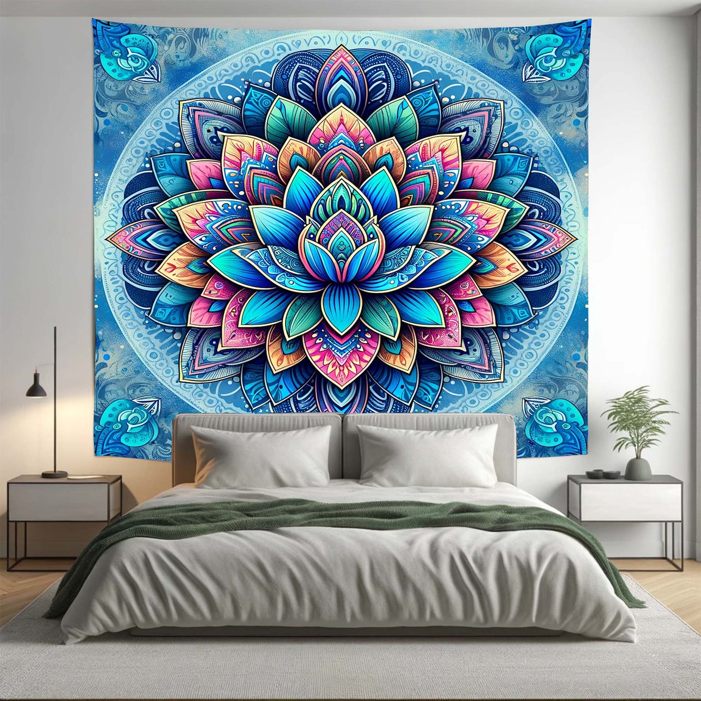 Bohemian Colourful Blue Lotus Mandala Tapestry Psychedelic Wall Hanging Boho Decor - Adore India