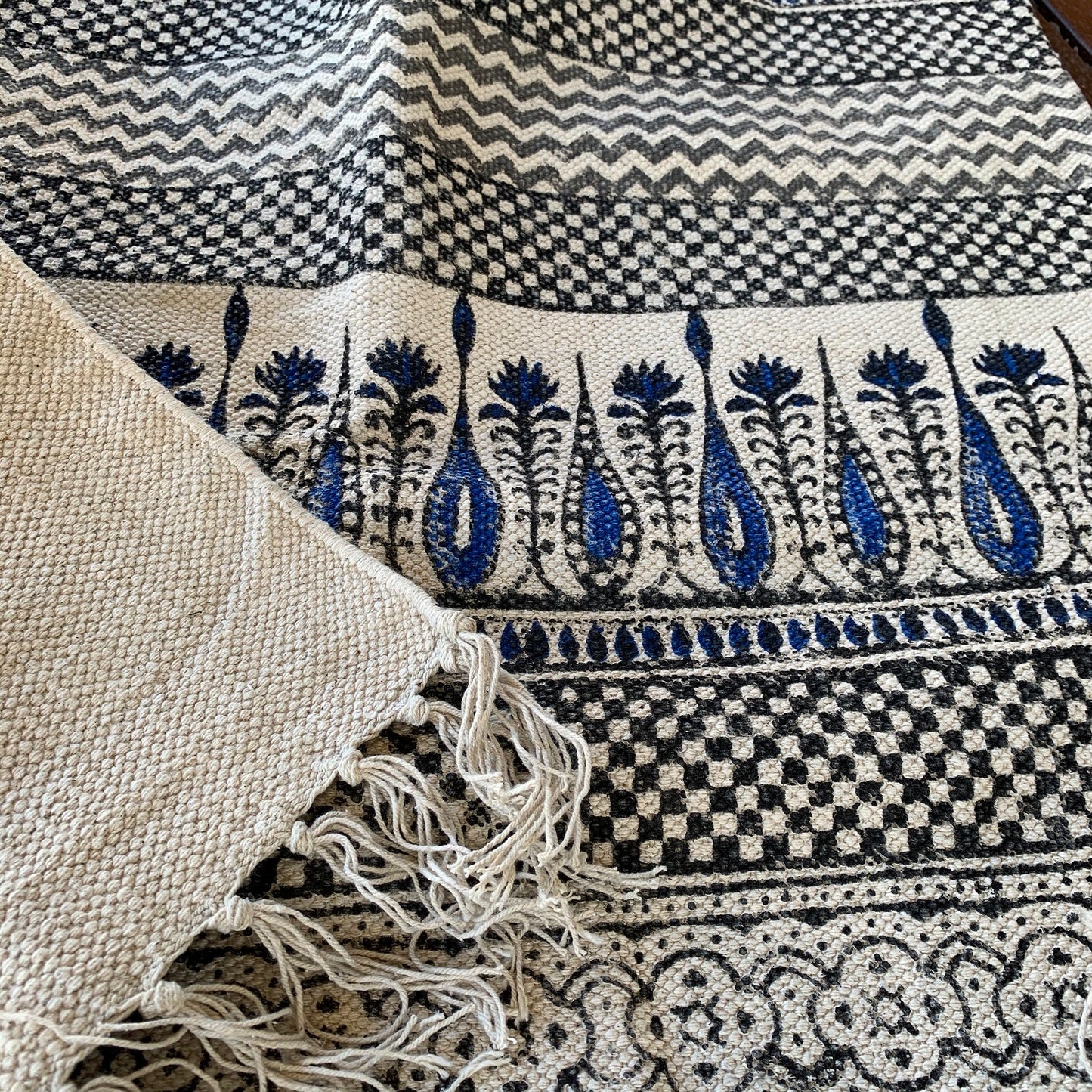 Handmade Beautiful Hand Made Tilak Indigo Block Print Cotton Dari Carpet - Adore India