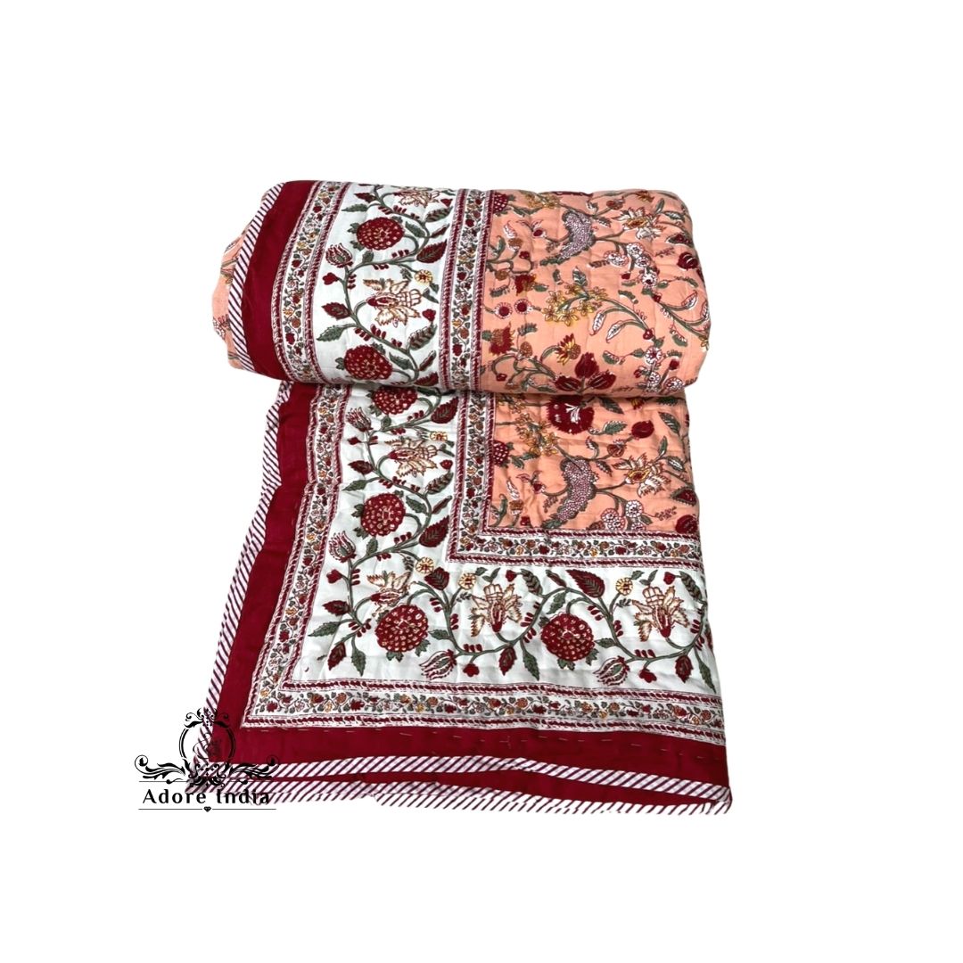 Fruity Peach Floral Cotton Padded Kantha Bedspread Quilt Comforter - Adore India