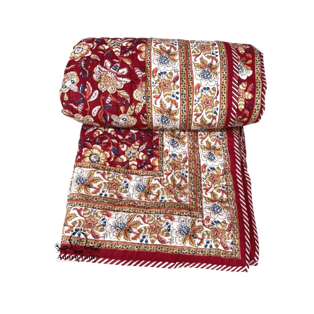 Red Ganesha Floral Cotton Padded Kantha Bedspread Quilt Comforter - Adore India