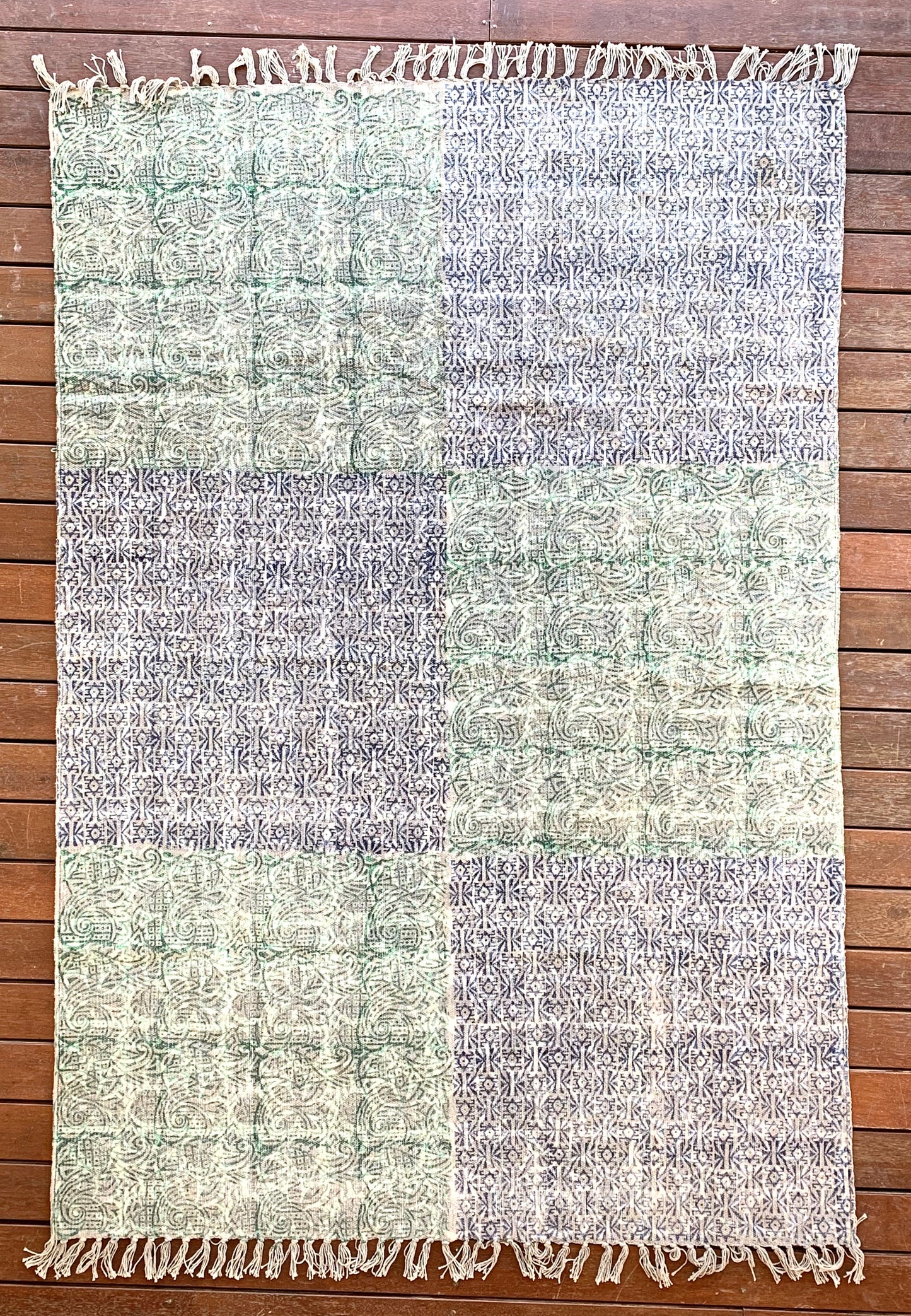 Handmade Olive Indigo Shade Block Print Cotton Dari Carpet - Adore India