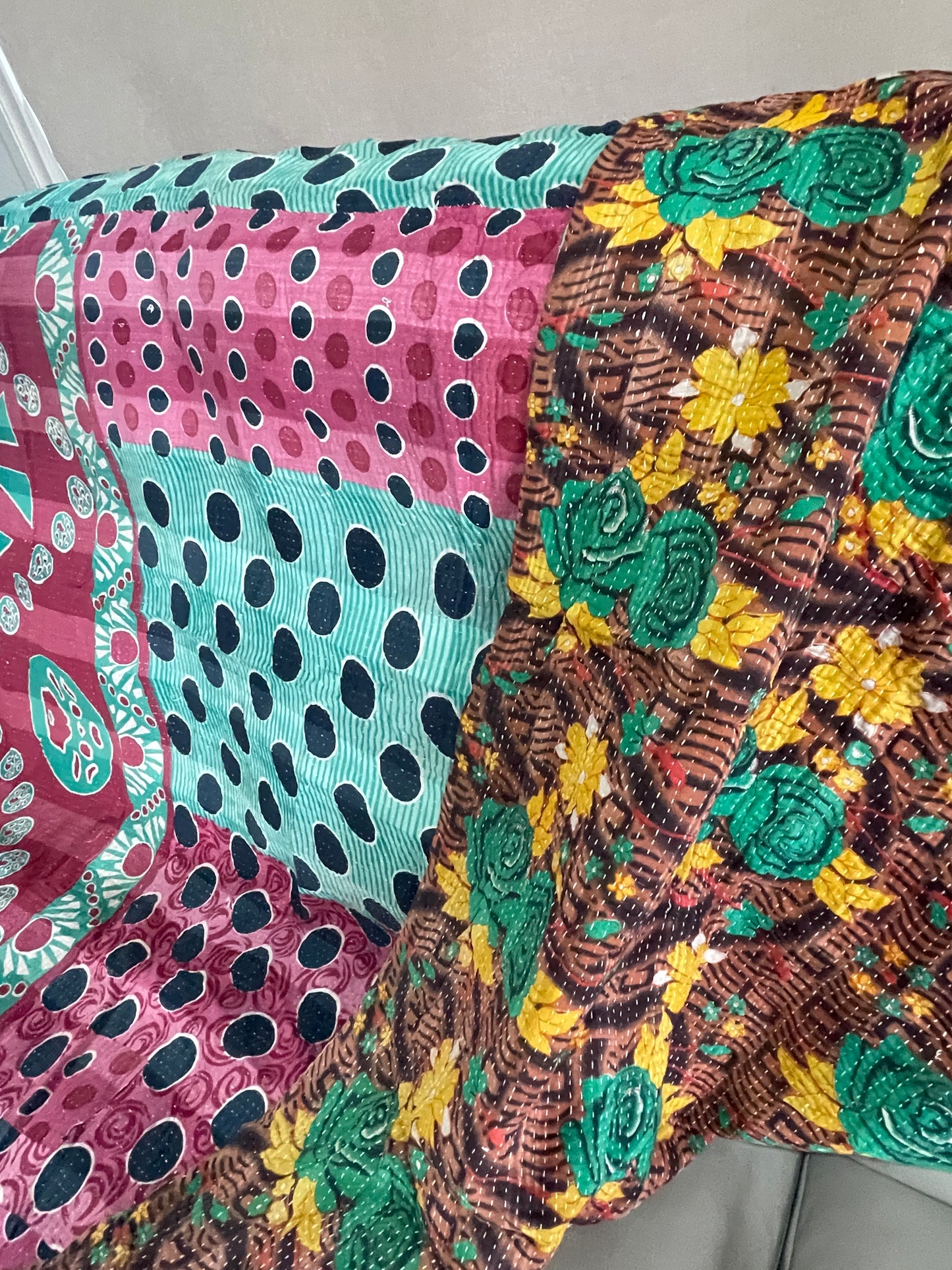 Indian Handmade Cotton Reversible Vintage Kantha Quilt Bedspread Throw Aashima - Adore India