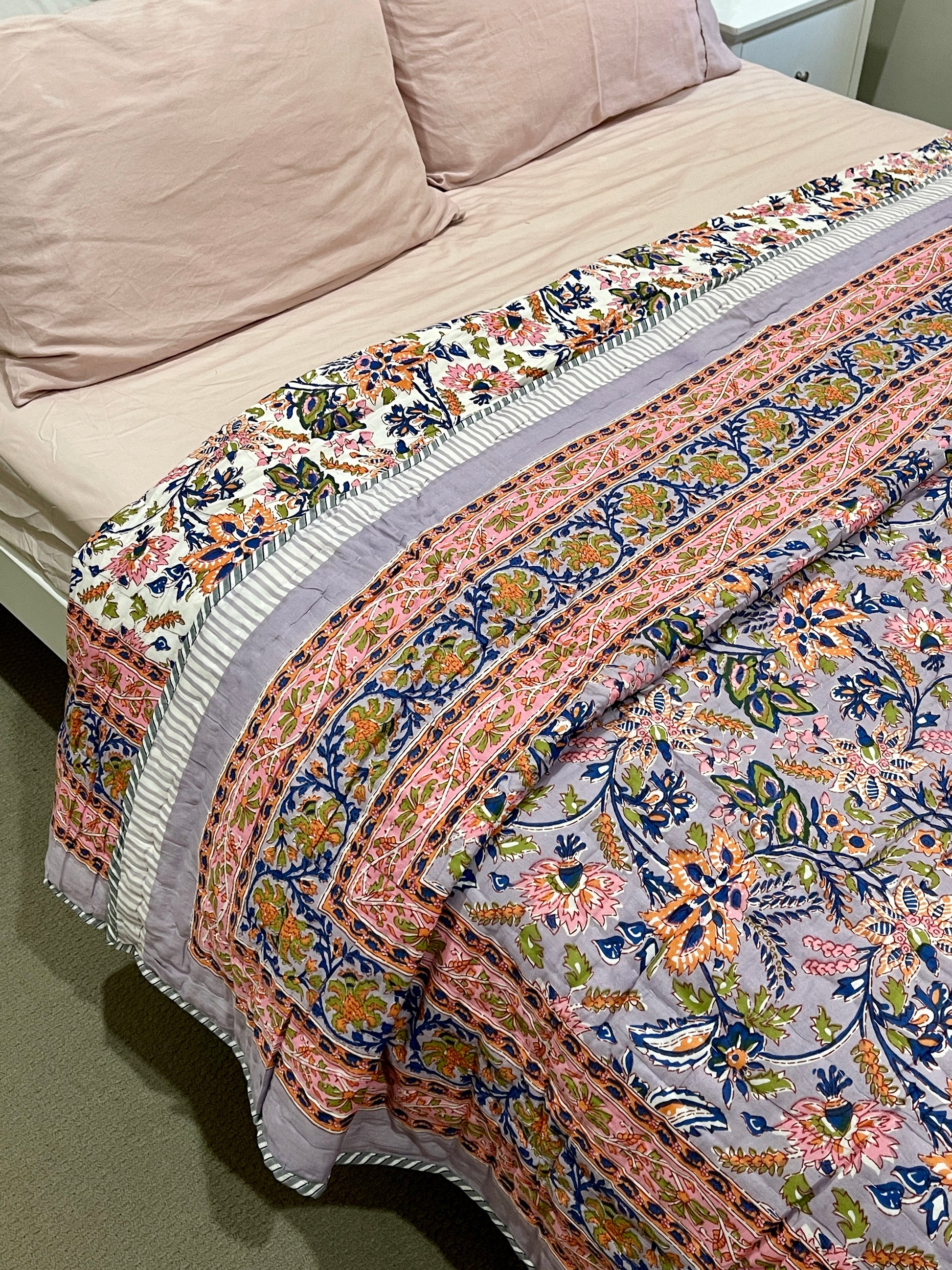 Pink Lilac Floral Cotton Padded Kantha Bedspread Quilt Comforter - Adore India   
