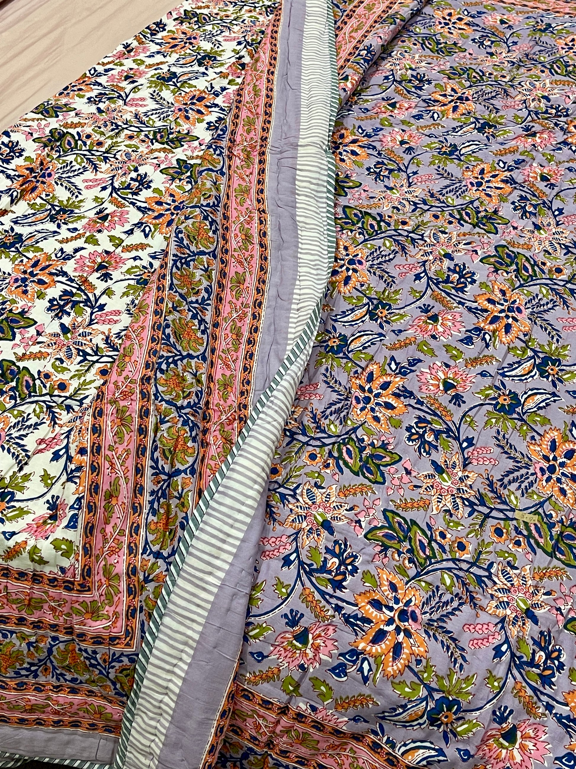 Pink Lilac Floral Cotton Padded Kantha Bedspread Quilt Comforter - Adore India   