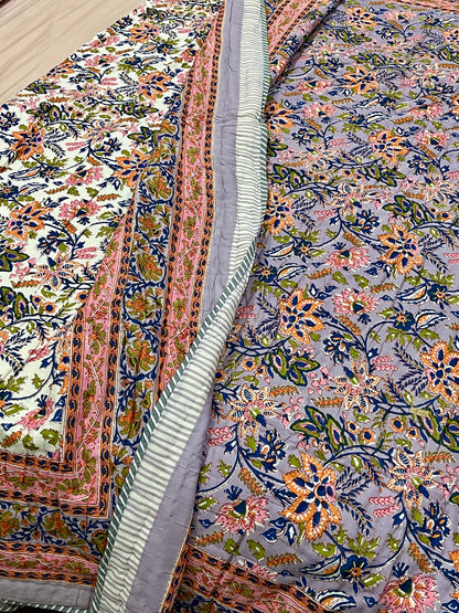 Pink Lilac Floral Cotton Padded Kantha Bedspread Quilt Comforter - Adore India   