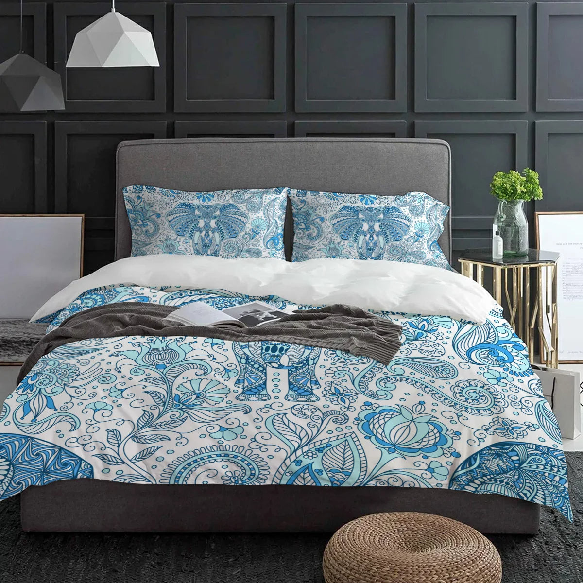 Indian Bohemian Elephant Good Luck Mandala Quilt Cover Set Turquoise - Adore India   