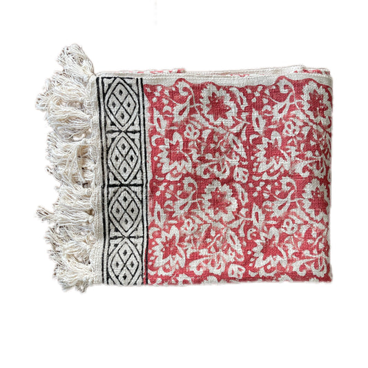 Bohemian Red Floral Hand Block Printed Cotton Bedding Throw Blanket - Adore India   