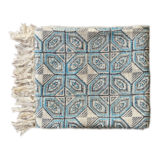 Bohemian Cotton Blue Geometrical Block Printed Cotton Throw Blanket - Adore India   