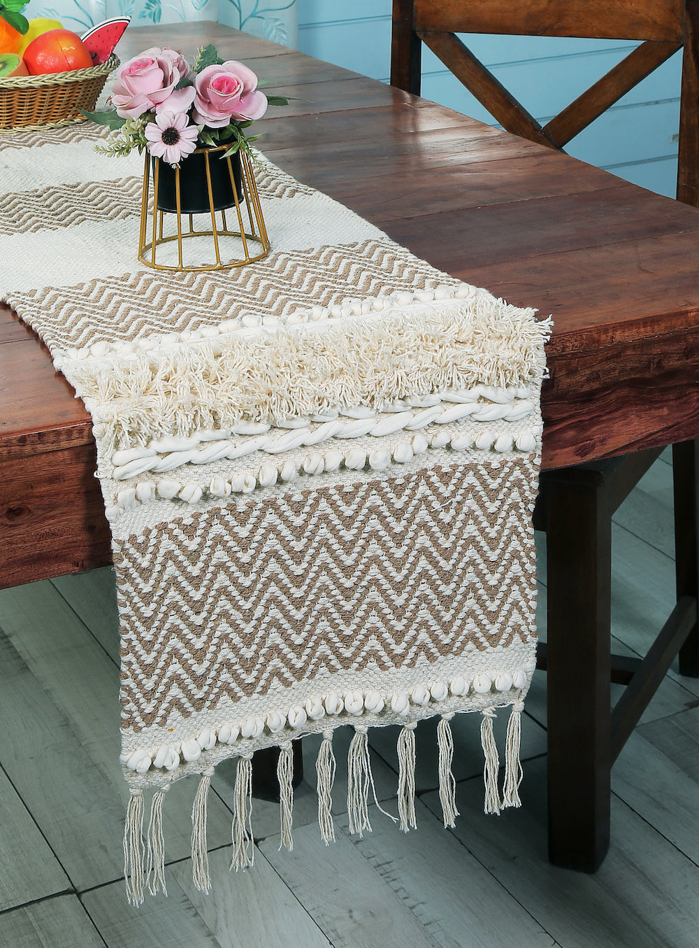 Mira Neutral Cotton Boho Table Runner -Stylish Dining & Console Accent