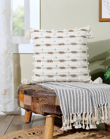 Boho Cushion Cover with Beige and White Dotted Texture Tassel Detailing