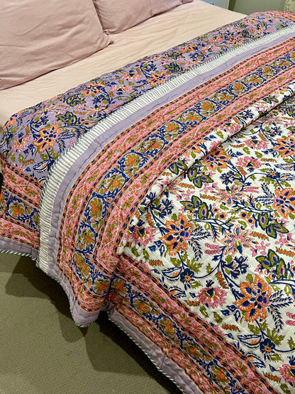 Pink Lilac Floral Cotton Padded Kantha Bedspread Quilt Comforter - Adore India   