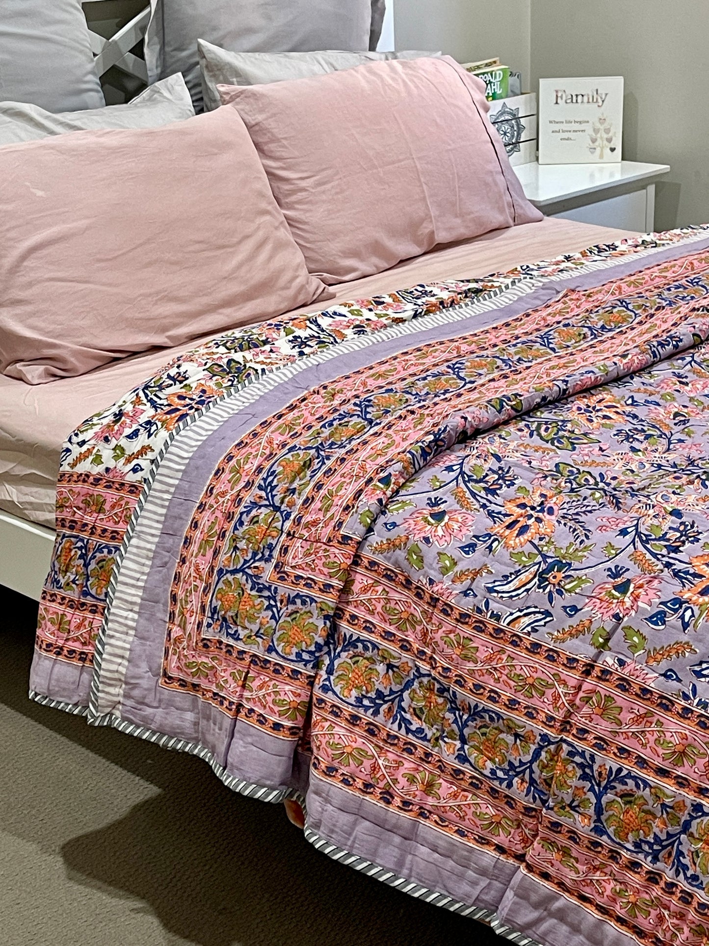 Pink Lilac Floral Cotton Padded Kantha Bedspread Quilt Comforter - Adore India   