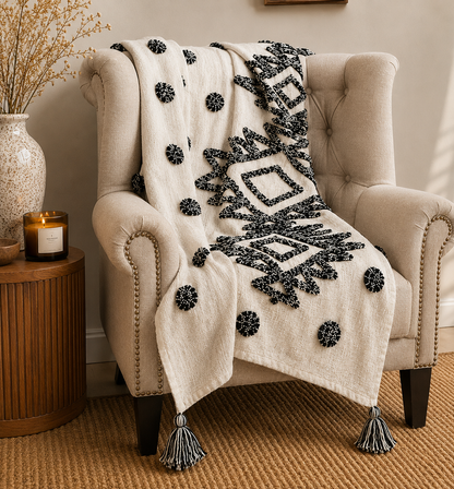 Bohemian Black Cotton Bedding Tufted Throw Blanket