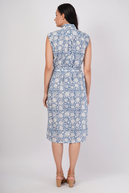 Blue Bell Sleeveless Long Cotton Front Pocket Dress With Belt