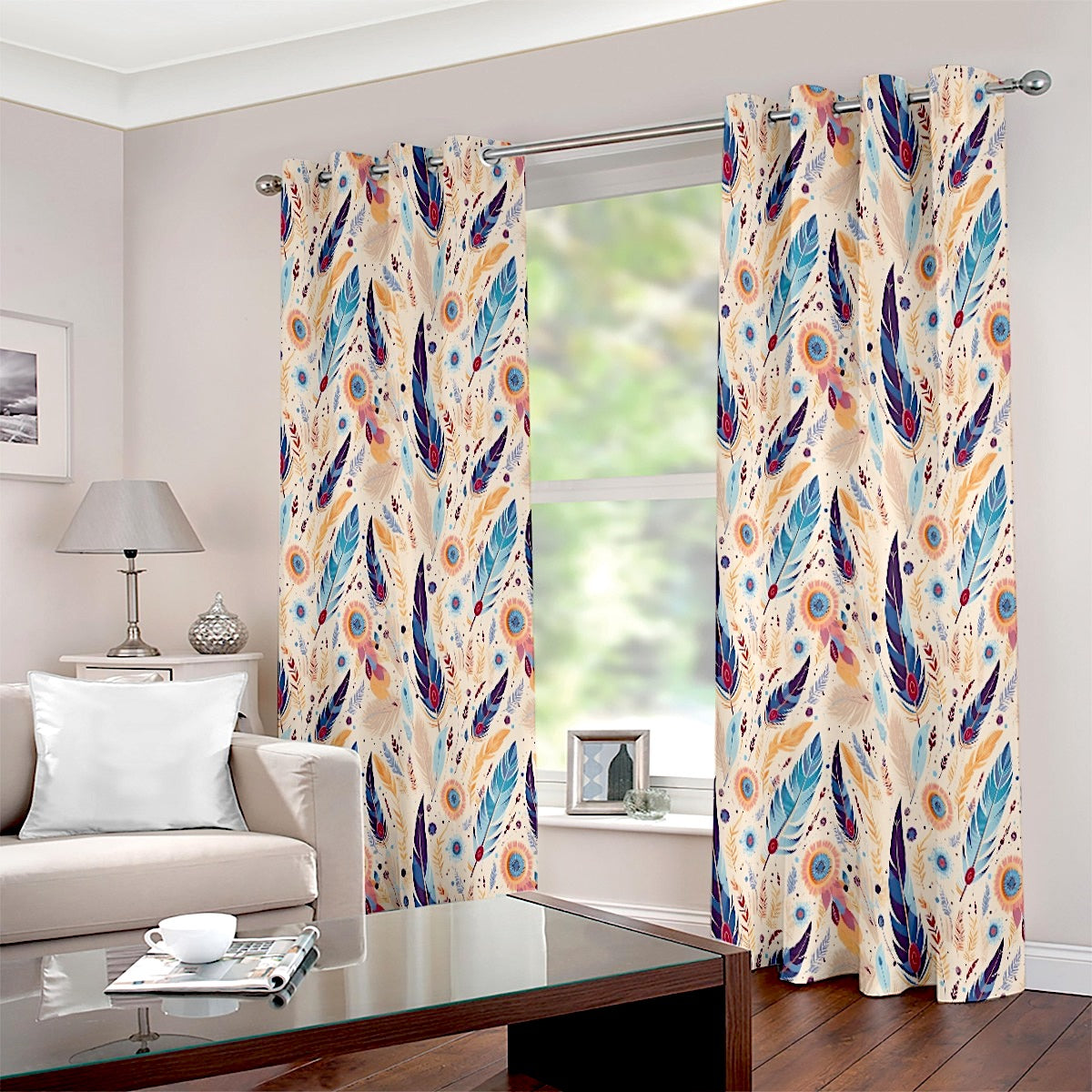 Boho Feather Red Floral Printed Curtain Set - Adore India   