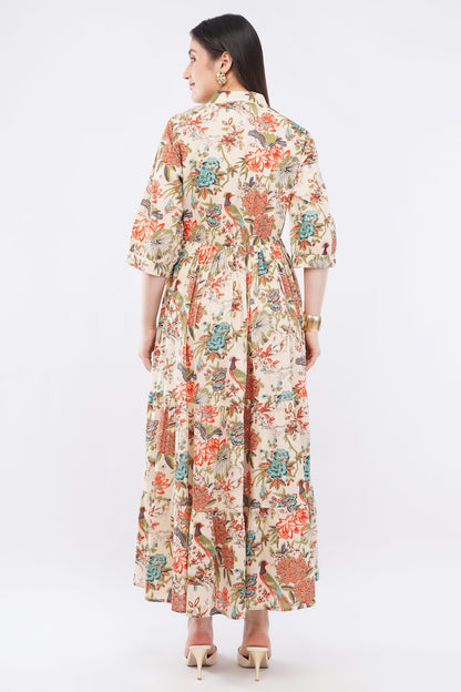 Women Cotton Tropical Floral Printed Tiered V Neck Long Dress