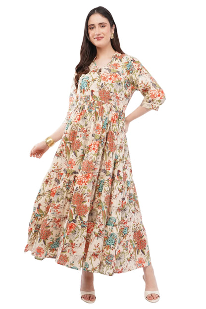 Woman wearing a floral dress on a white background