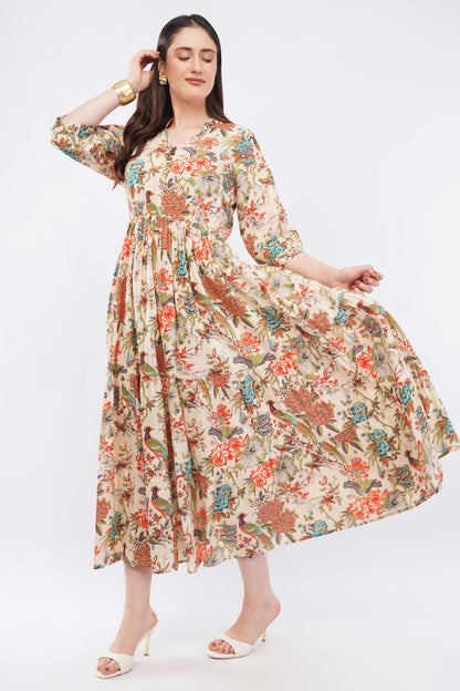 Women Cotton Tropical Floral Printed Tiered V Neck Long Dress