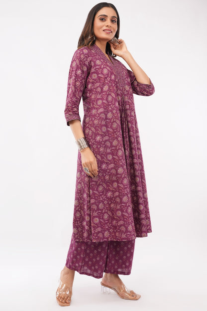 Women Cotton Ethnic Wine Printed Anarkali Style 3 Piece Kurti Palazzo Set With Dupatta