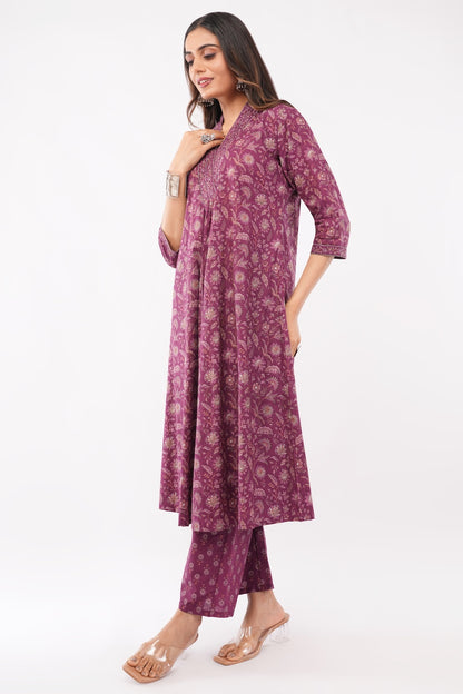 Women Cotton Ethnic Wine Printed Anarkali Style 3 Piece Kurti Palazzo Set With Dupatta