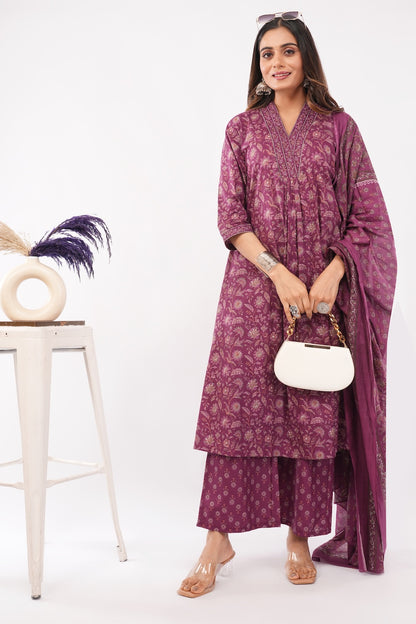 Women Cotton Ethnic Wine Printed Anarkali Style 3 Piece Kurti Palazzo Set With Dupatta