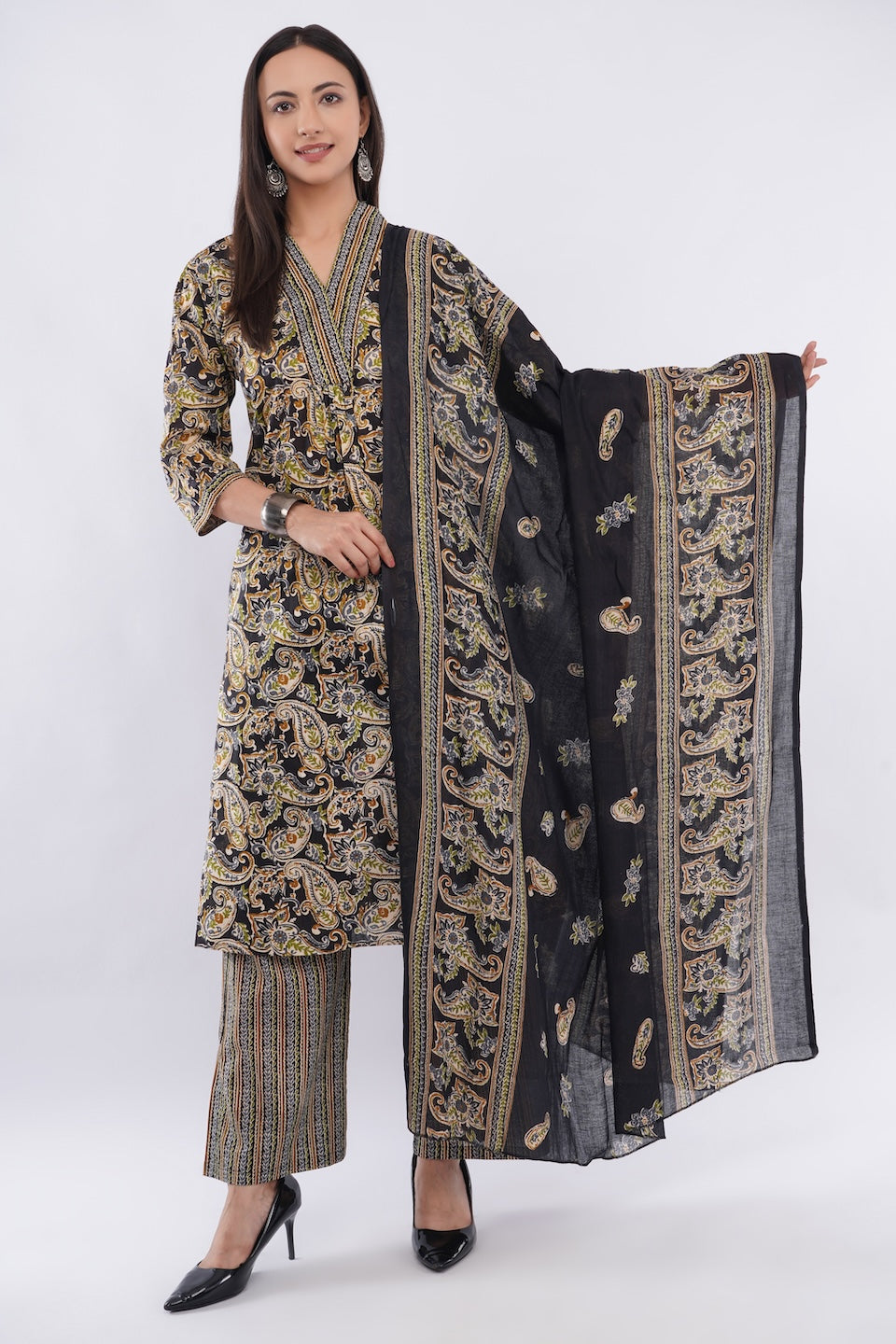 Women Cotton Ethnic Black Paisley Anarkali Style 3 Piece Kurti Palazzo Set With Dupatta