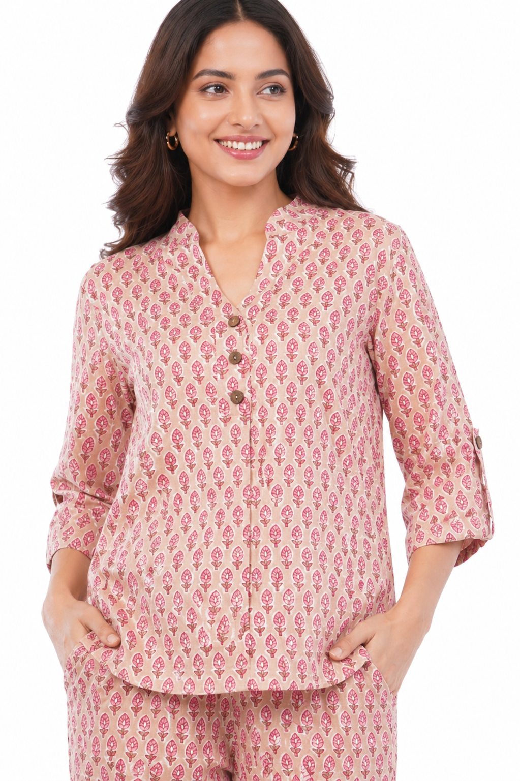 Pink Bagru Floral Printed Women Cotton 2 Piece Co-Ord Set
