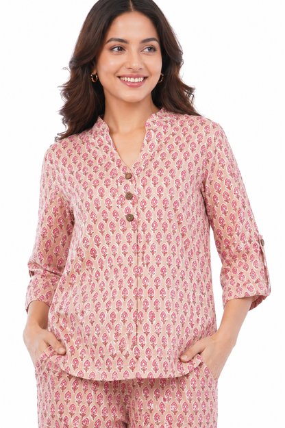Pink Bagru Floral Printed Women Cotton 2 Piece Co-Ord Set