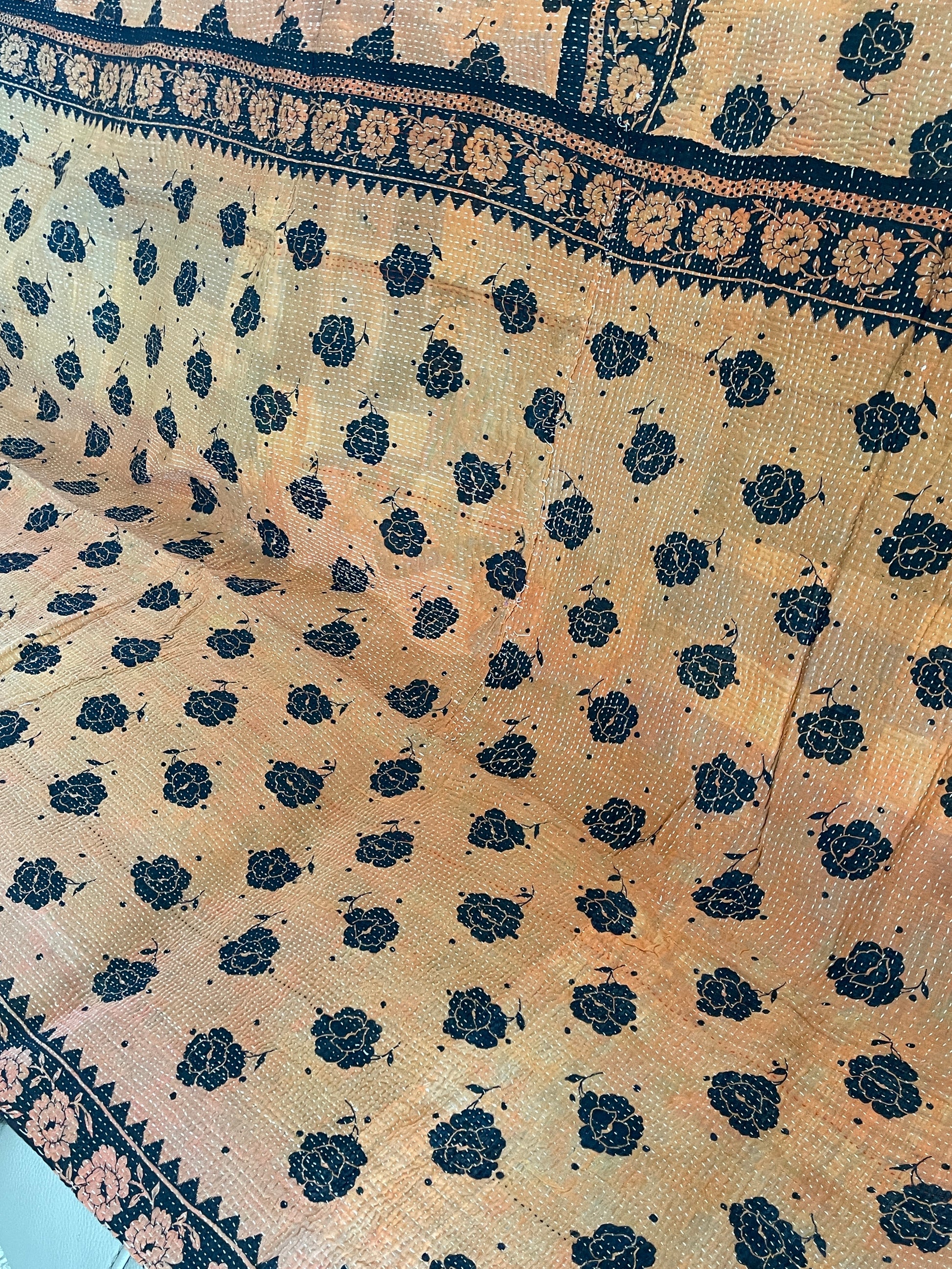 Indian Handmade Cotton Reversible Vintage Kantha Quilt Bedspread Throw- Amba - Adore India   