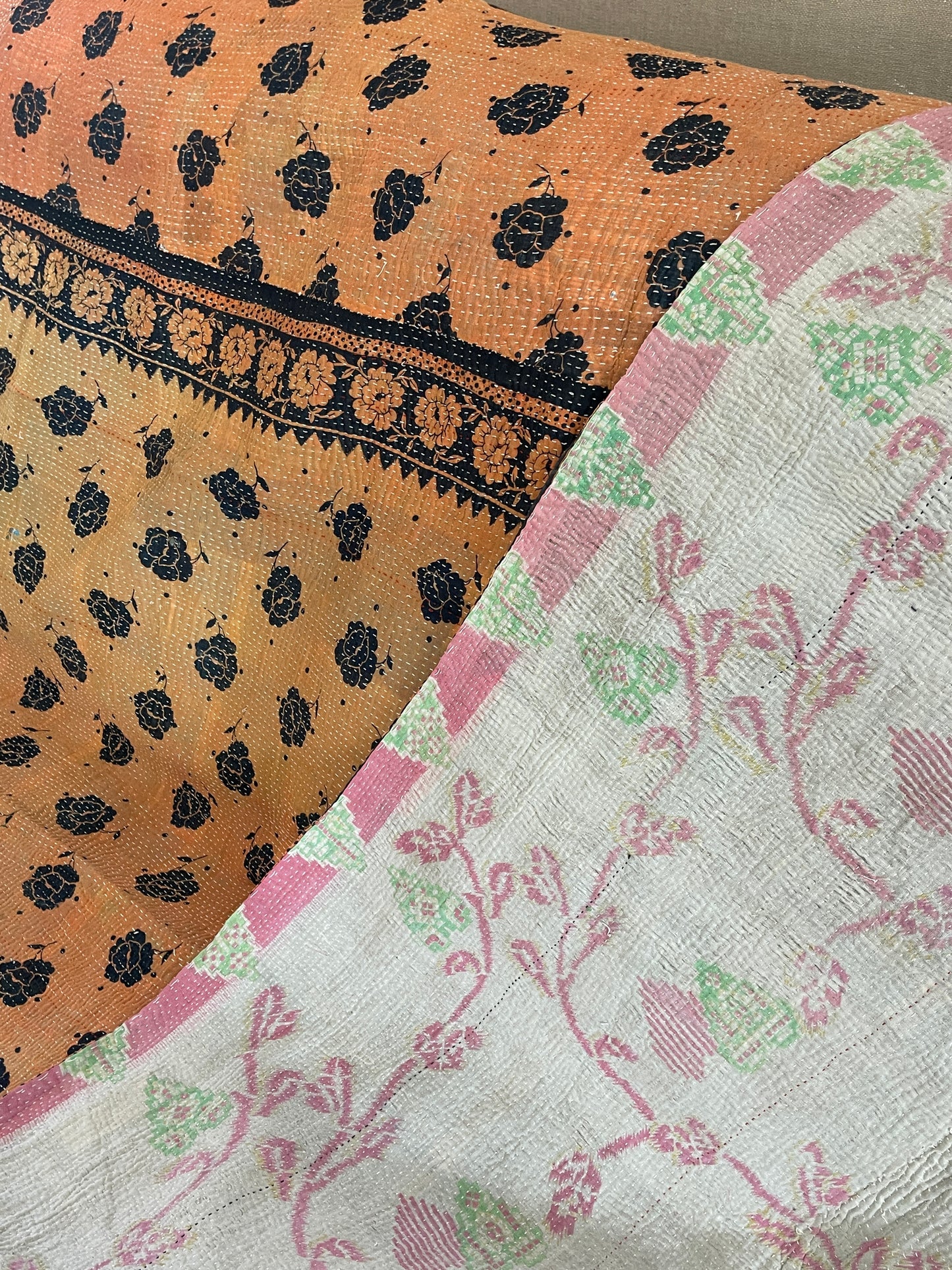 Indian Handmade Cotton Reversible Vintage Kantha Quilt Bedspread Throw- Amba - Adore India   