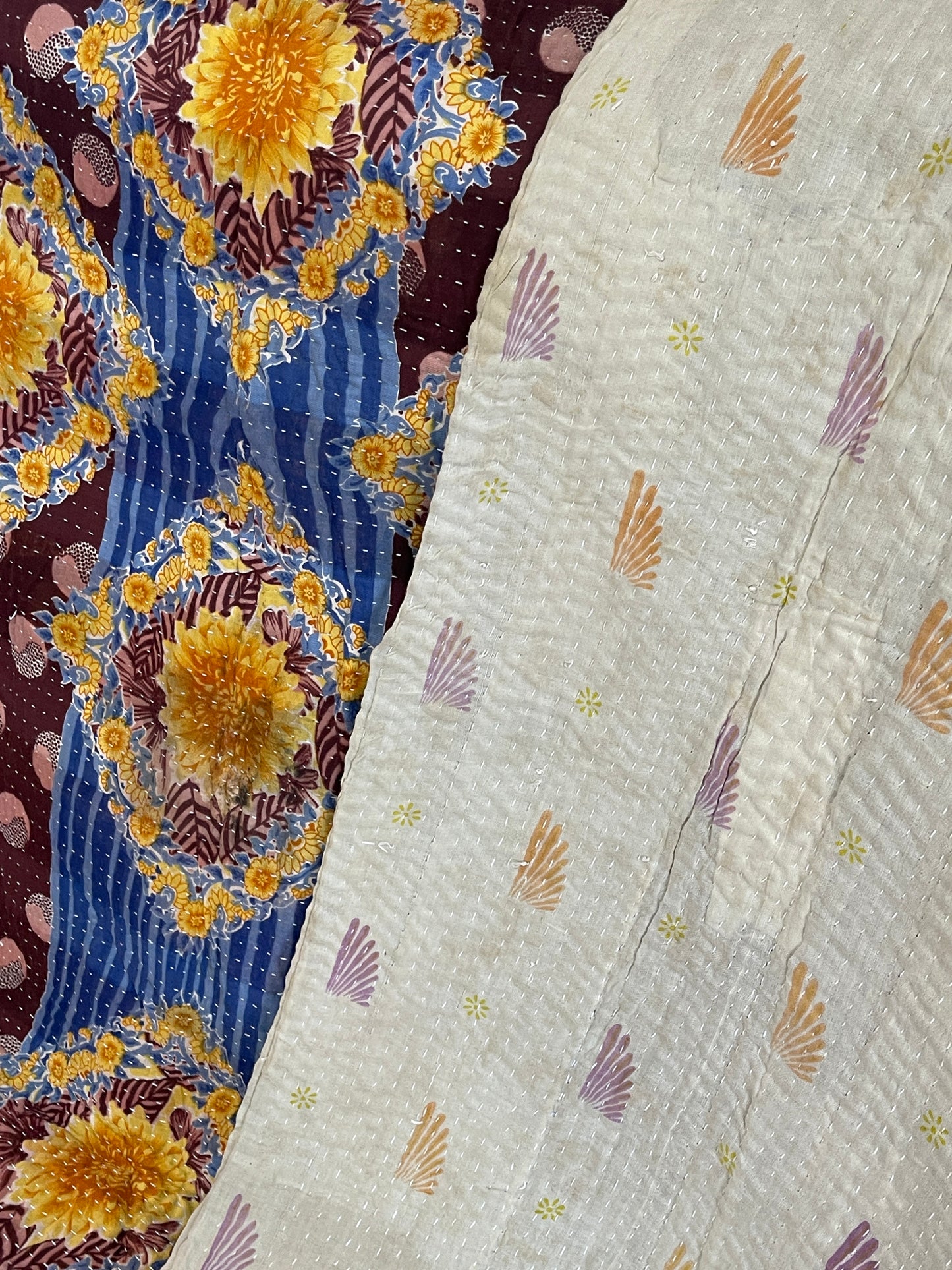 Indian Handmade Cotton Reversible Vintage Kantha Quilt Bedspread Throw- Bhavana - Adore India   