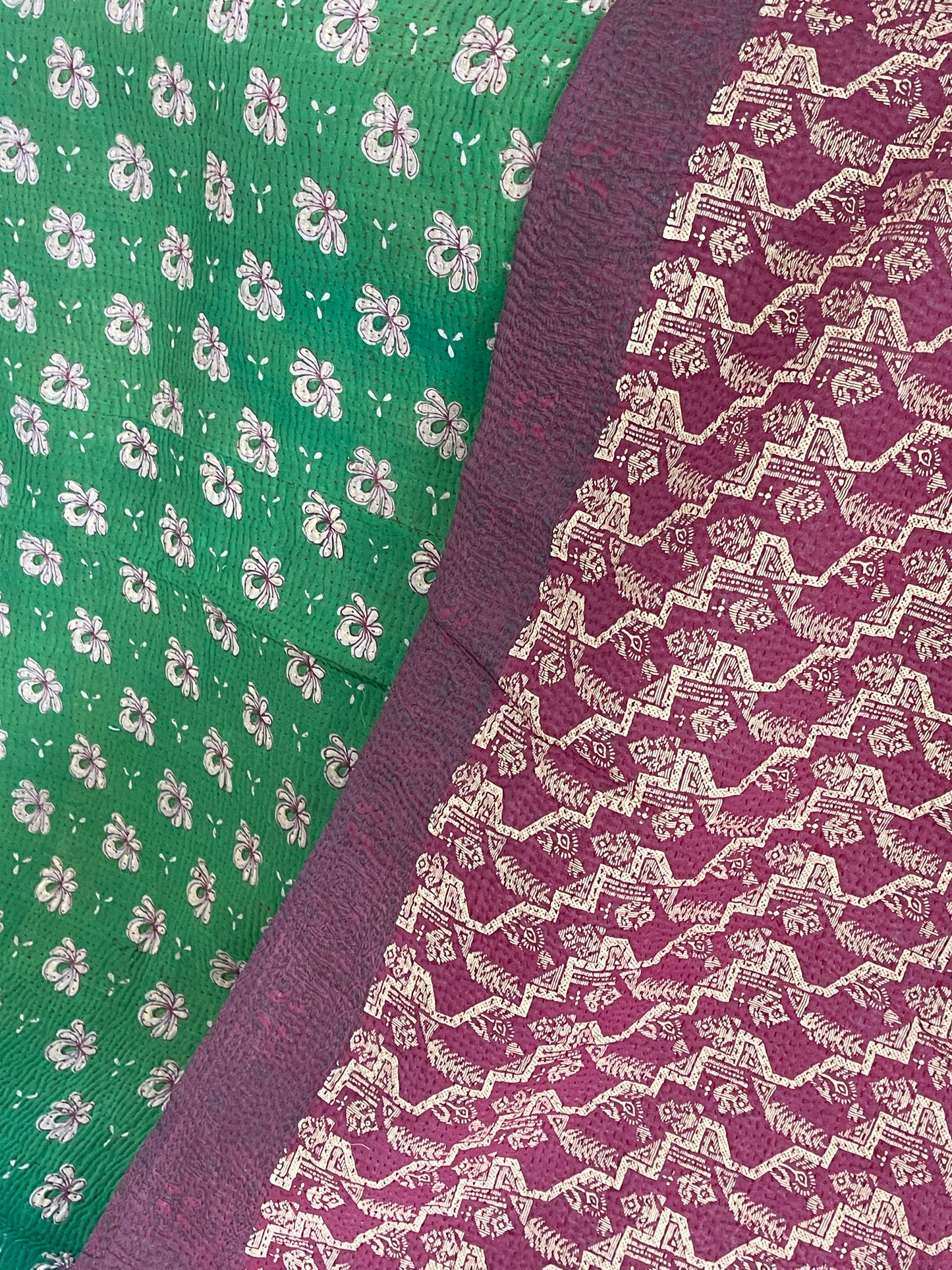 Indian Handmade Cotton Reversible Vintage Kantha Quilt Bedspread Throw- Kamla - Adore India   