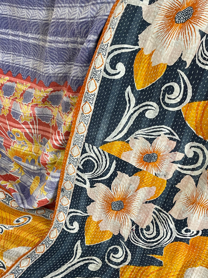 Indian Handmade Cotton Reversible Vintage Kantha Quilt Bedspread Throw- Vidya - Adore India   