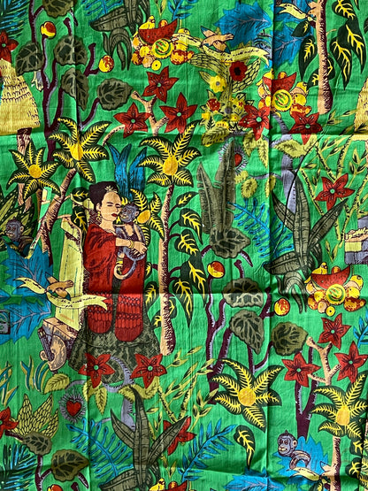 Cotton Printed Frida Green Kahlo Kimono Kaftan Bathrobe