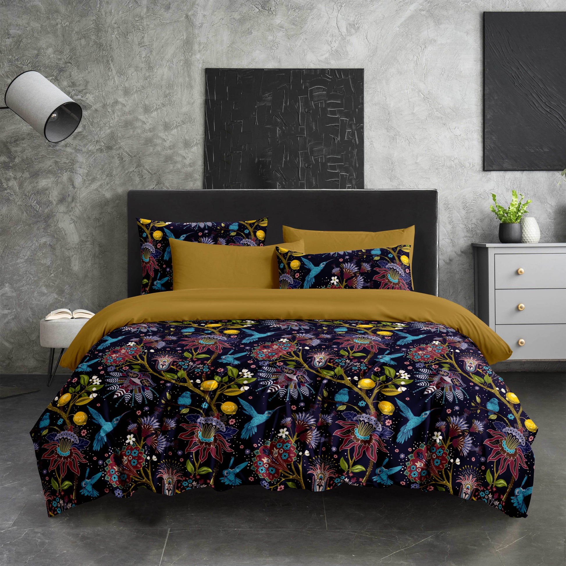 Fantasy Bird and Lemon Tree Quilt Cover Set - Dreamy Comfort in Mustard Yellow - Adore India   