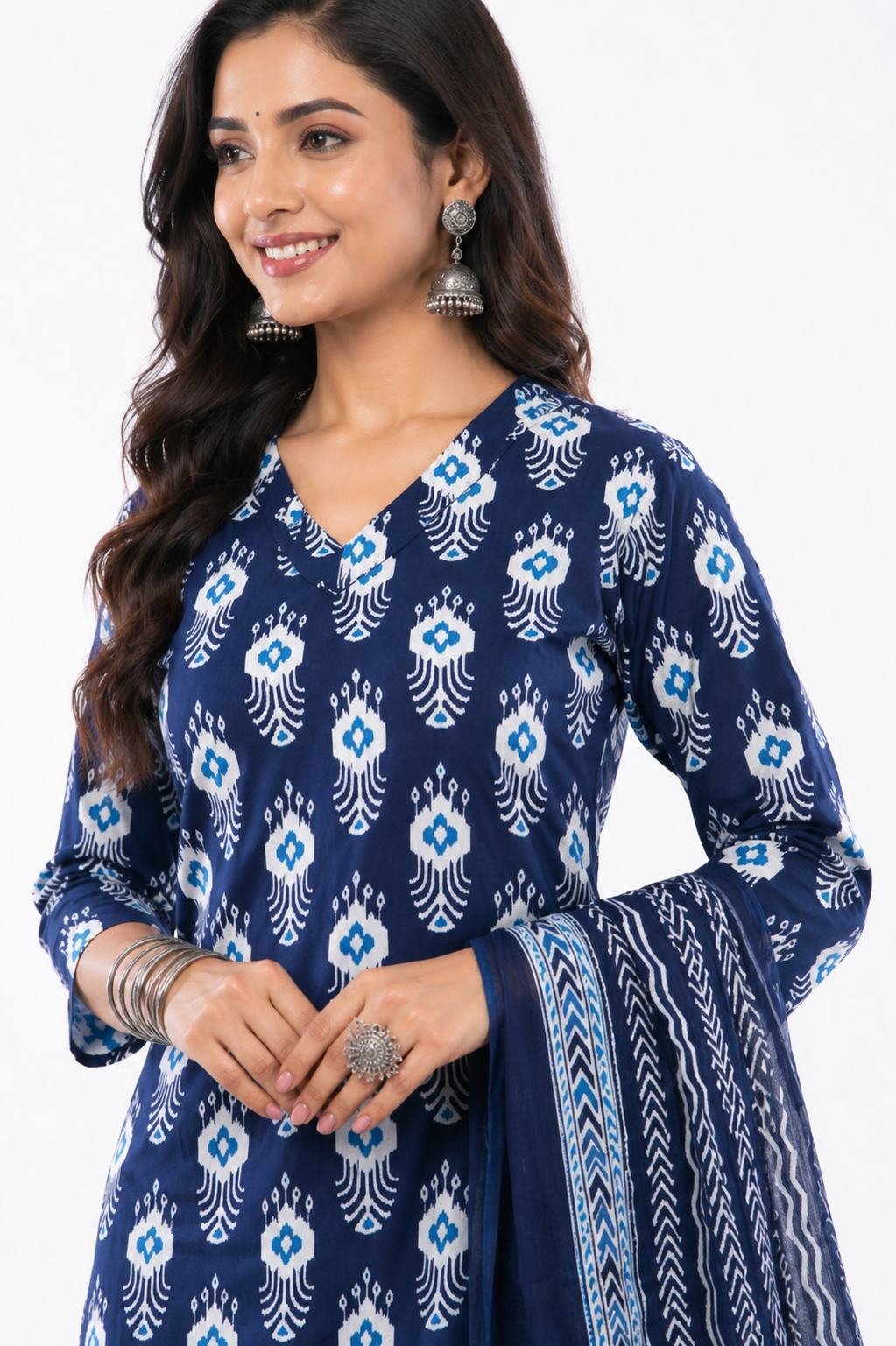 Women Cotton Indigo Blue Floral Printed Ethnic 3 Piece Kurta Pant Dupatta Set