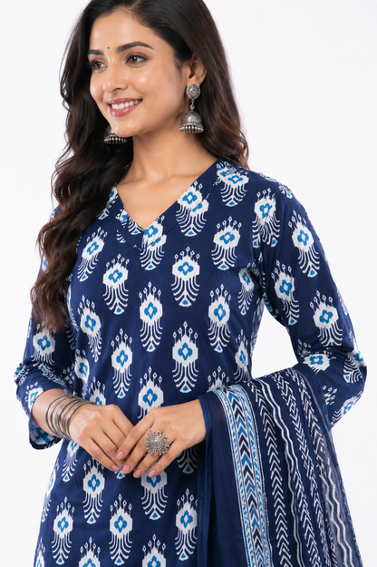 Women Cotton Indigo Blue Floral Printed Ethnic 3 Piece Kurta Pant Dupatta Set
