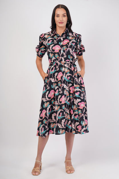 Midnight Love Short Sleeve Cotton Dress – Floral Elegance in Black