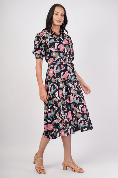 Midnight Love Short Sleeve Cotton Dress – Floral Elegance in Black