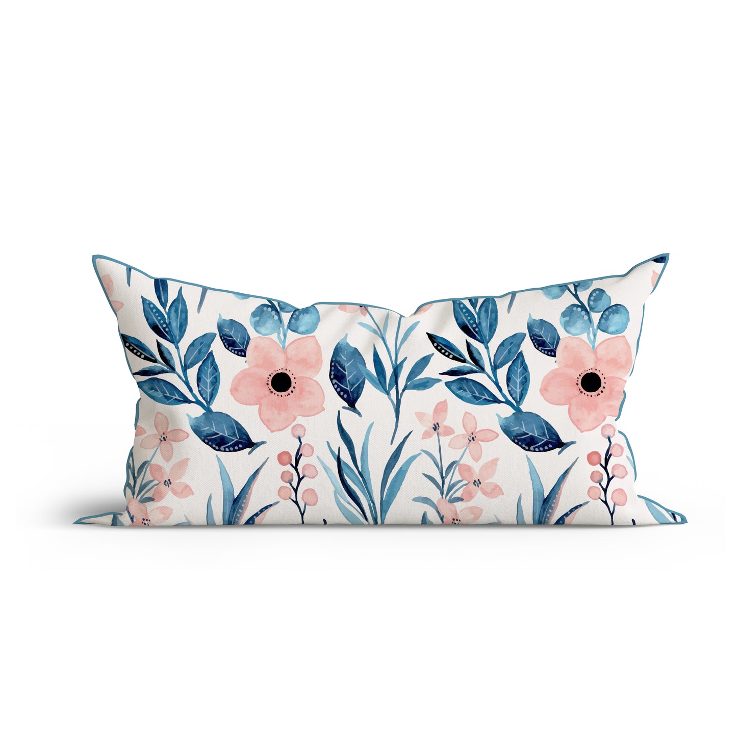 Bohemian Blue Floral Watercolor Cotton Cushion with Piping-Adore India