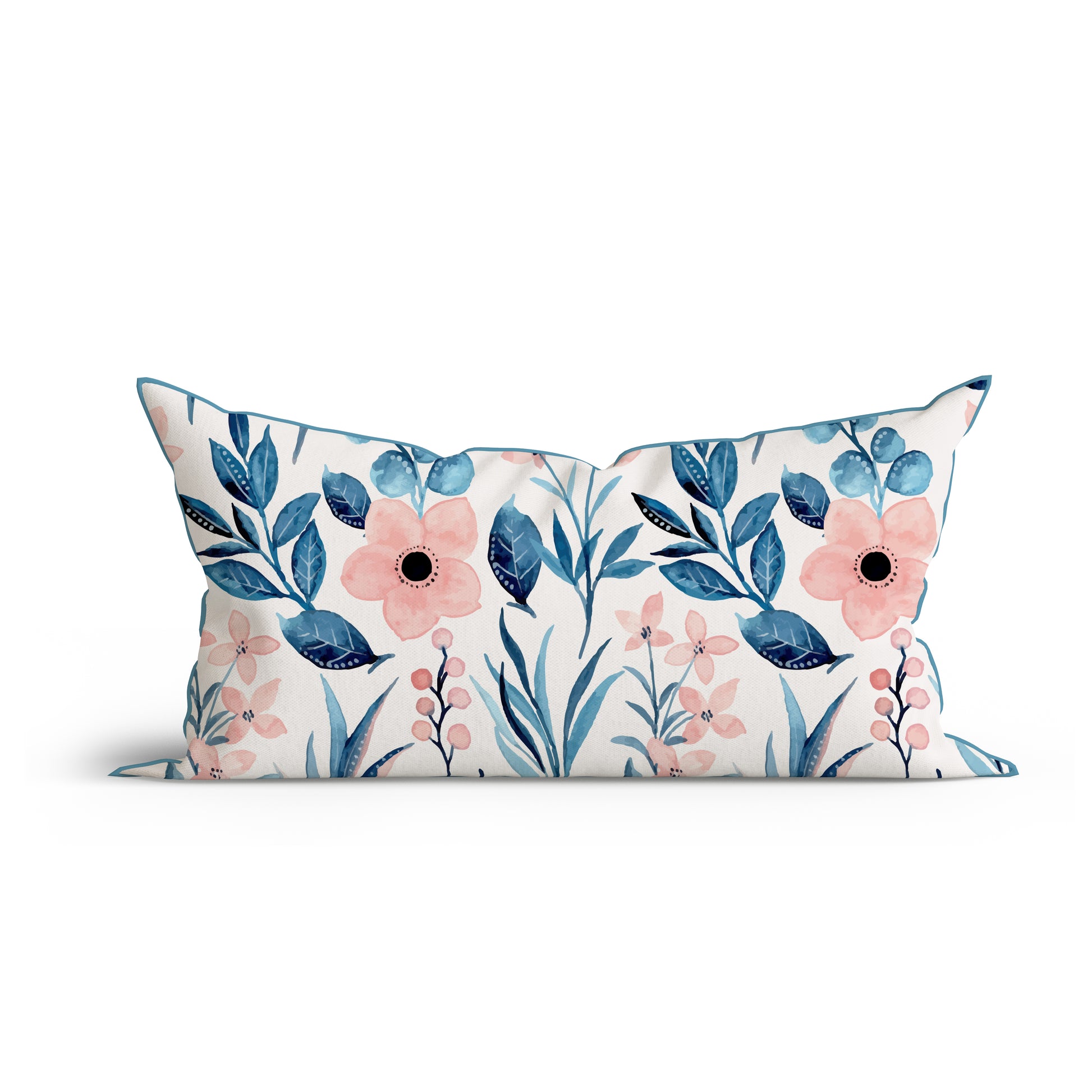 Bohemian Blue Floral Watercolor Cotton Cushion with Piping-Adore India