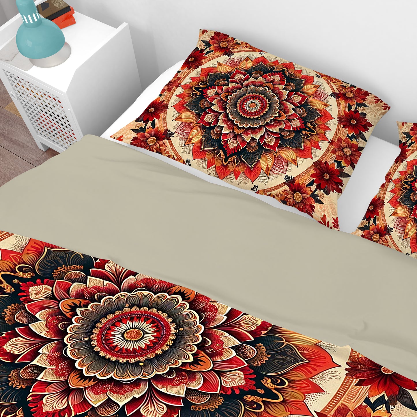 Bohemian Vintage Red Floral Mandala Reversible Quilt Cover Duvet Cover Set - Adore India   