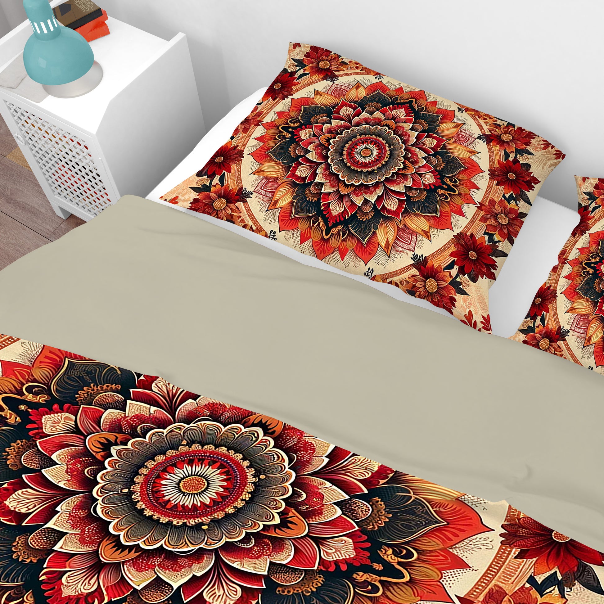 Bohemian Vintage Red Floral Mandala Reversible Quilt Cover Duvet Cover Set - Adore India   