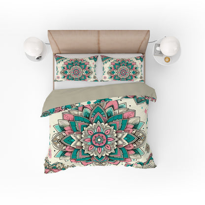 Bohemian Teal Mantra Mandala Reversible Quilt Cover Duvet Cover Set - Adore India   