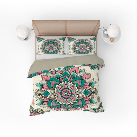 Bohemian Teal Mantra Mandala Reversible Quilt Cover Duvet Cover Set - Adore India   